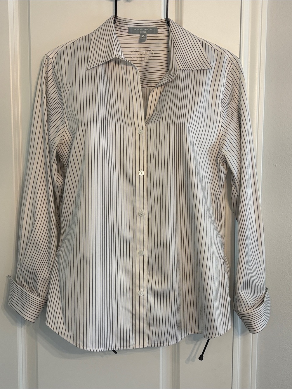 Foxcroft Non-Iron White Black Pinstripes long sleeve button-up cotton shirt. 4